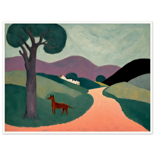 Stylized countryside landscape with rolling green hills, a purple mountain range, a lone tree, and a brown dog standing on a peach path.