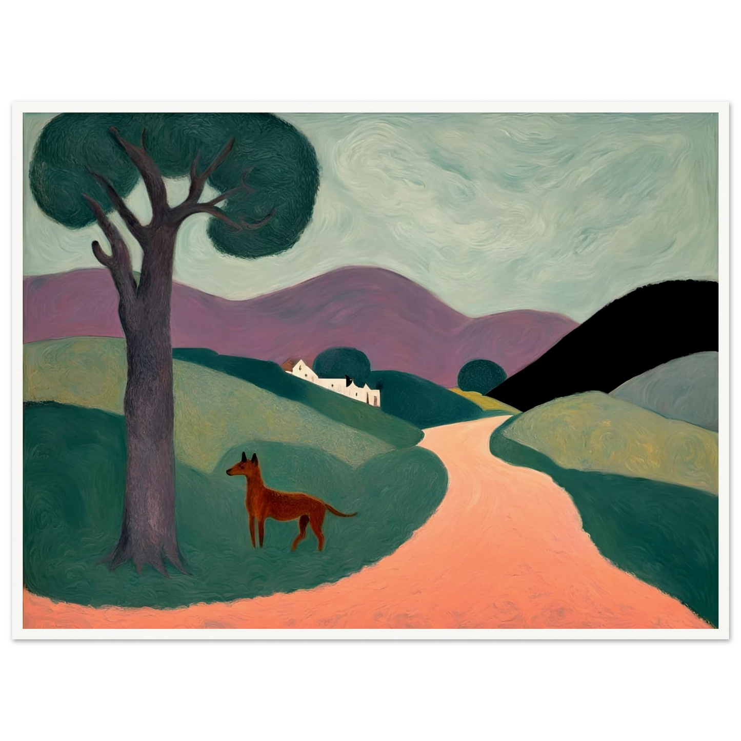 Stylized countryside landscape with rolling green hills, a purple mountain range, a lone tree, and a brown dog standing on a peach path.