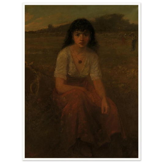 A seated girl in a red skirt rests in a dim grassy field with distant figures behind her.