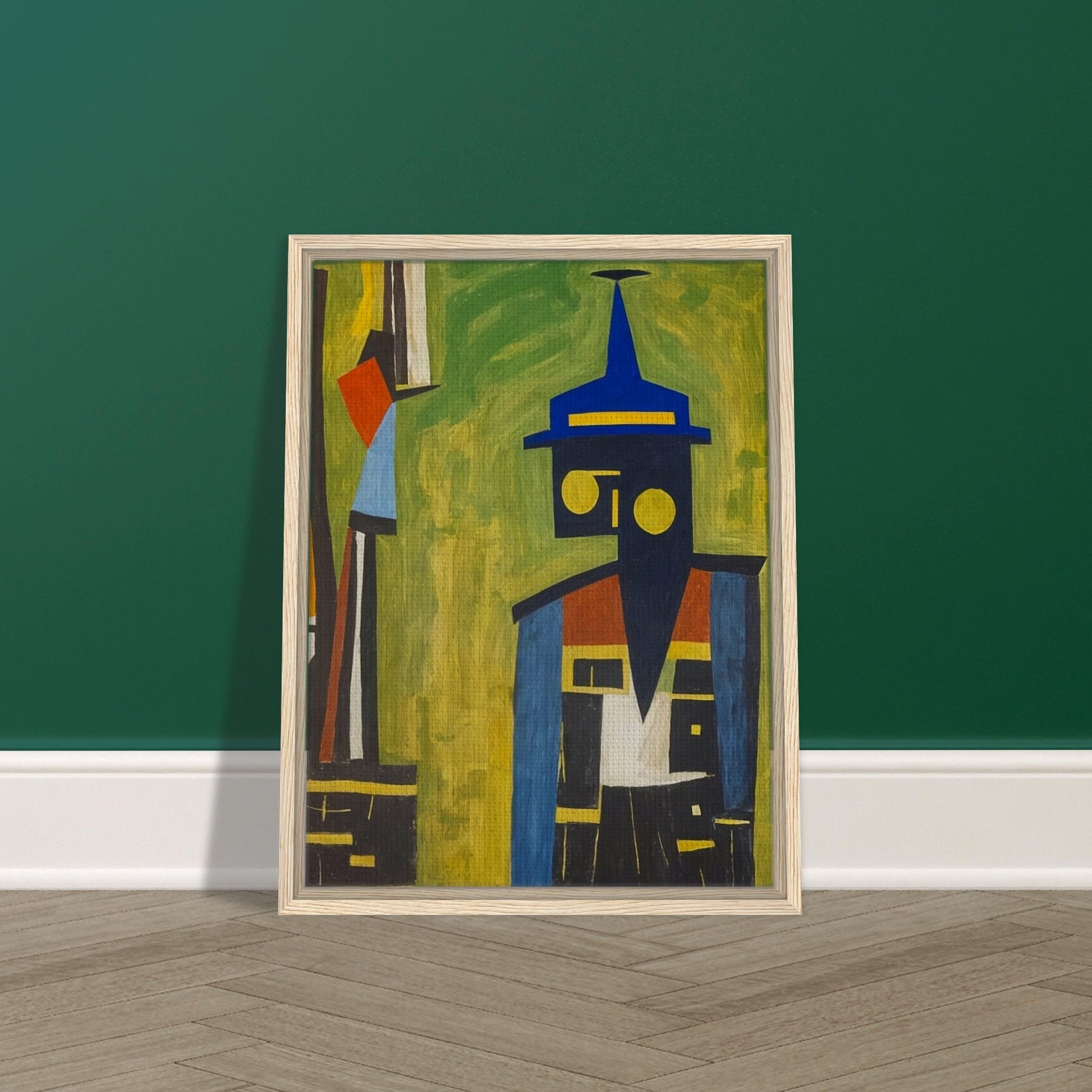 "An abstract painting featuring a geometric figure with a blue hat, composed of bold shapes and colors, set against a green and yellow background."