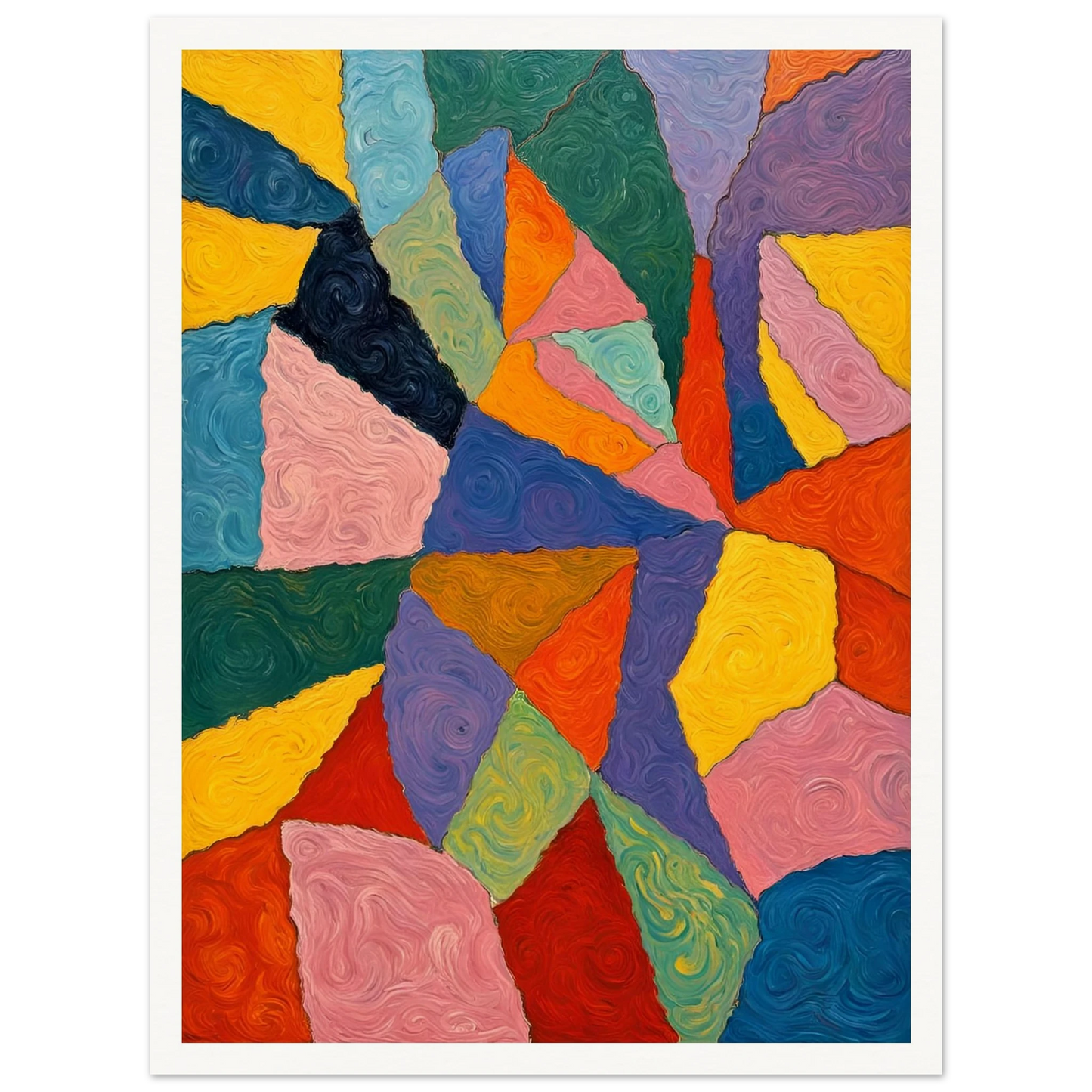 Vivid oil painting with swirling, colorful shapes in bold primary hues forming an intricate geometric mosaic.