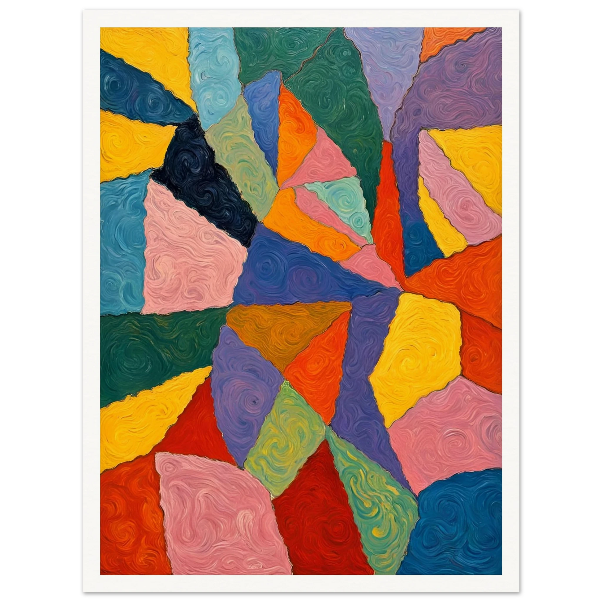 Vivid oil painting with swirling, colorful shapes in bold primary hues forming an intricate geometric mosaic.