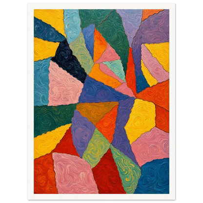 Vivid oil painting with swirling, colorful shapes in bold primary hues forming an intricate geometric mosaic.