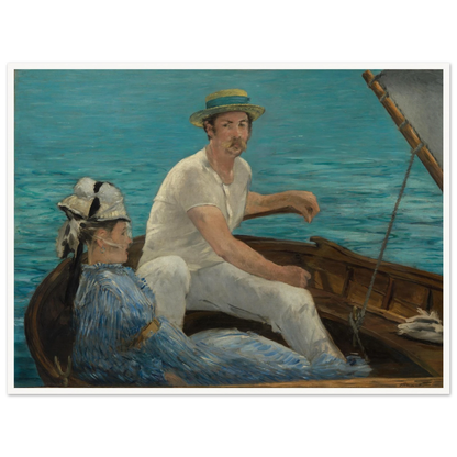 Man and woman sit in a small boat on bright blue water under a gray sail