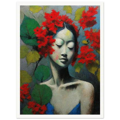 A serene portrait of a woman with her eyes closed, adorned with vibrant red flowers and green leaves, creating a peaceful and artistic composition.