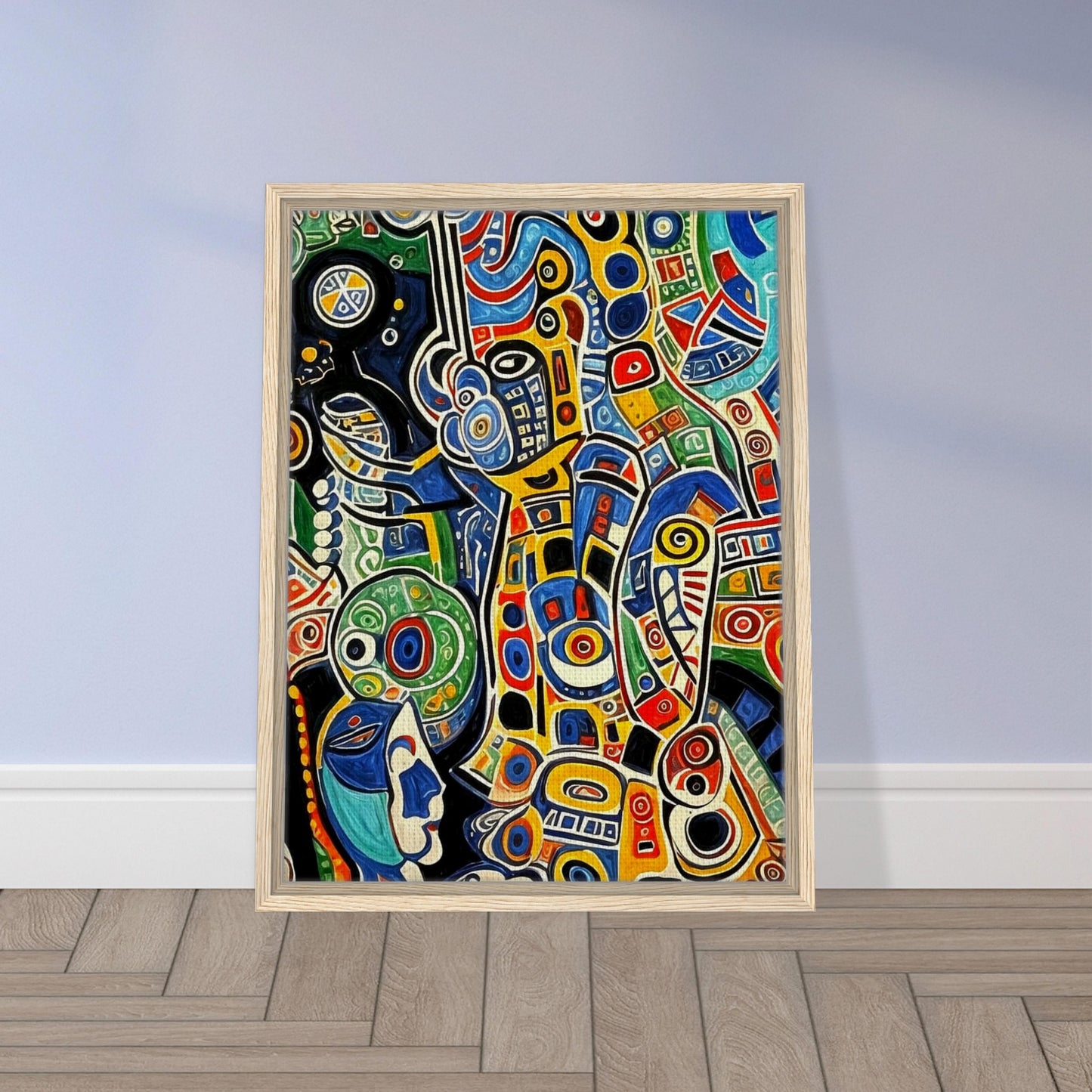 Bold and intricate abstract patterns in vibrant colors like blue, red, yellow, and green, forming a dynamic and energetic composition of swirling shapes.