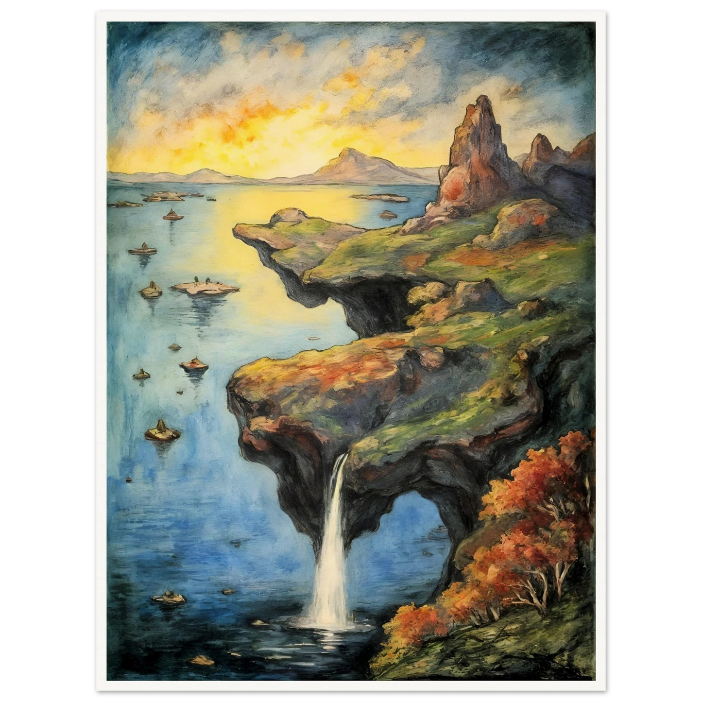 A dreamlike coastal cliff spills into tranquil blue waters beneath a glowing sky, with rocky peaks and autumn trees.