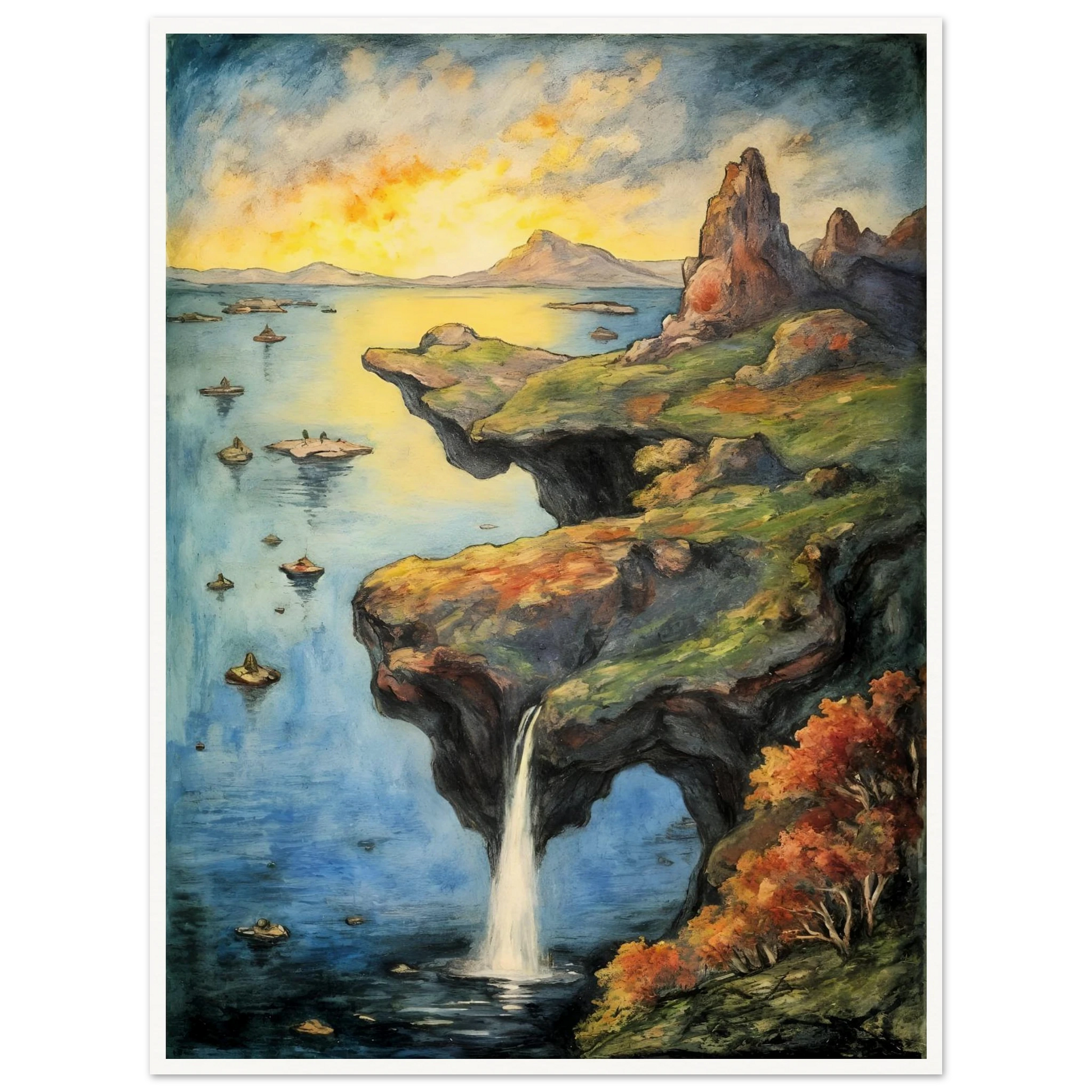 A dreamlike coastal cliff spills into tranquil blue waters beneath a glowing sky, with rocky peaks and autumn trees.