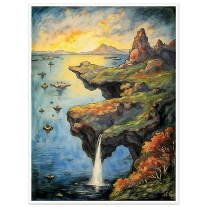A dreamlike coastal cliff spills into tranquil blue waters beneath a glowing sky, with rocky peaks and autumn trees.