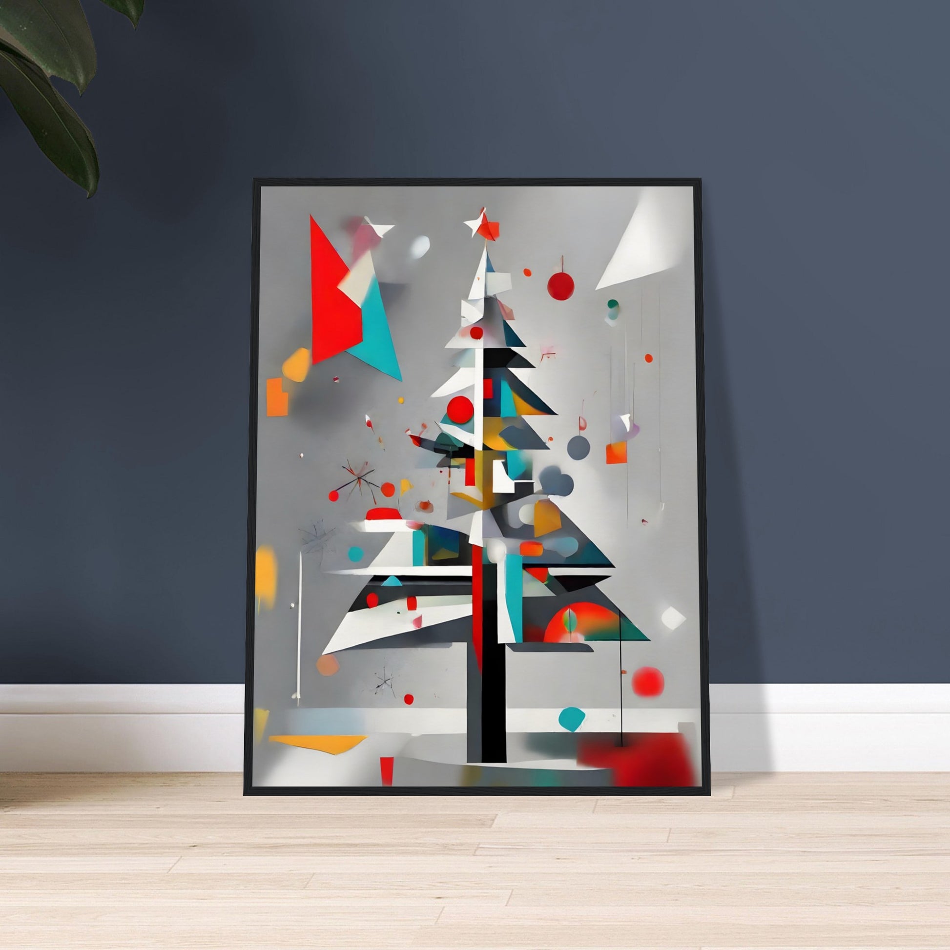 A sleek and modern artwork featuring a geometric Christmas tree adorned with colorful shapes, abstract ornaments, and a gray background.