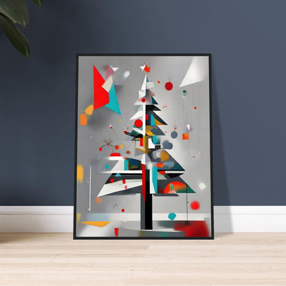 A sleek and modern artwork featuring a geometric Christmas tree adorned with colorful shapes, abstract ornaments, and a gray background.