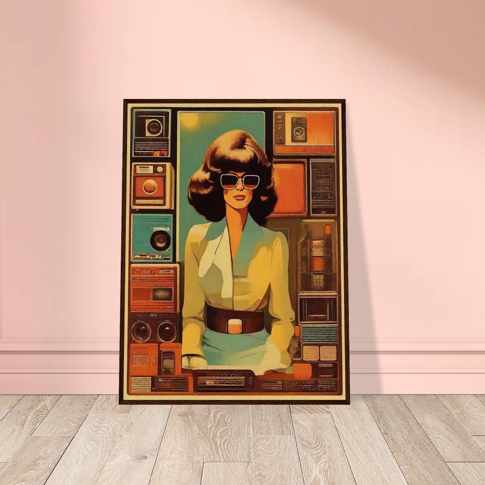 A stylish woman with large sunglasses stands in front of a backdrop filled with vintage radios and cassette players, evoking a retro vibe.