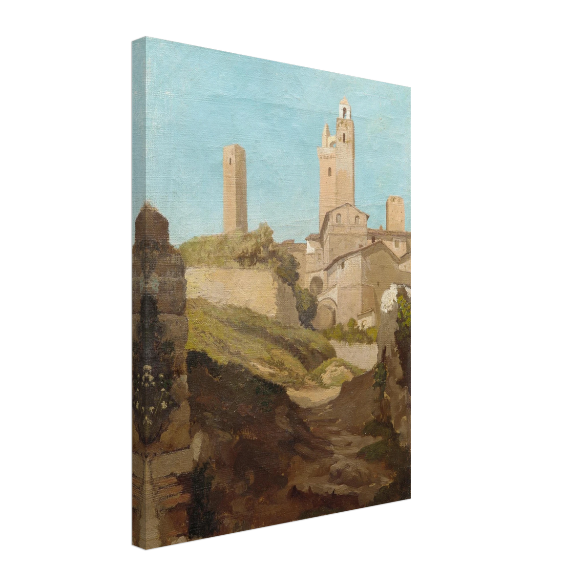 Medieval towers rise above San Gimignano’s sunlit hill town and rough path under a pale blue sky.