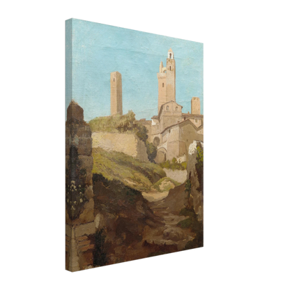 Medieval towers rise above San Gimignano’s sunlit hill town and rough path under a pale blue sky.