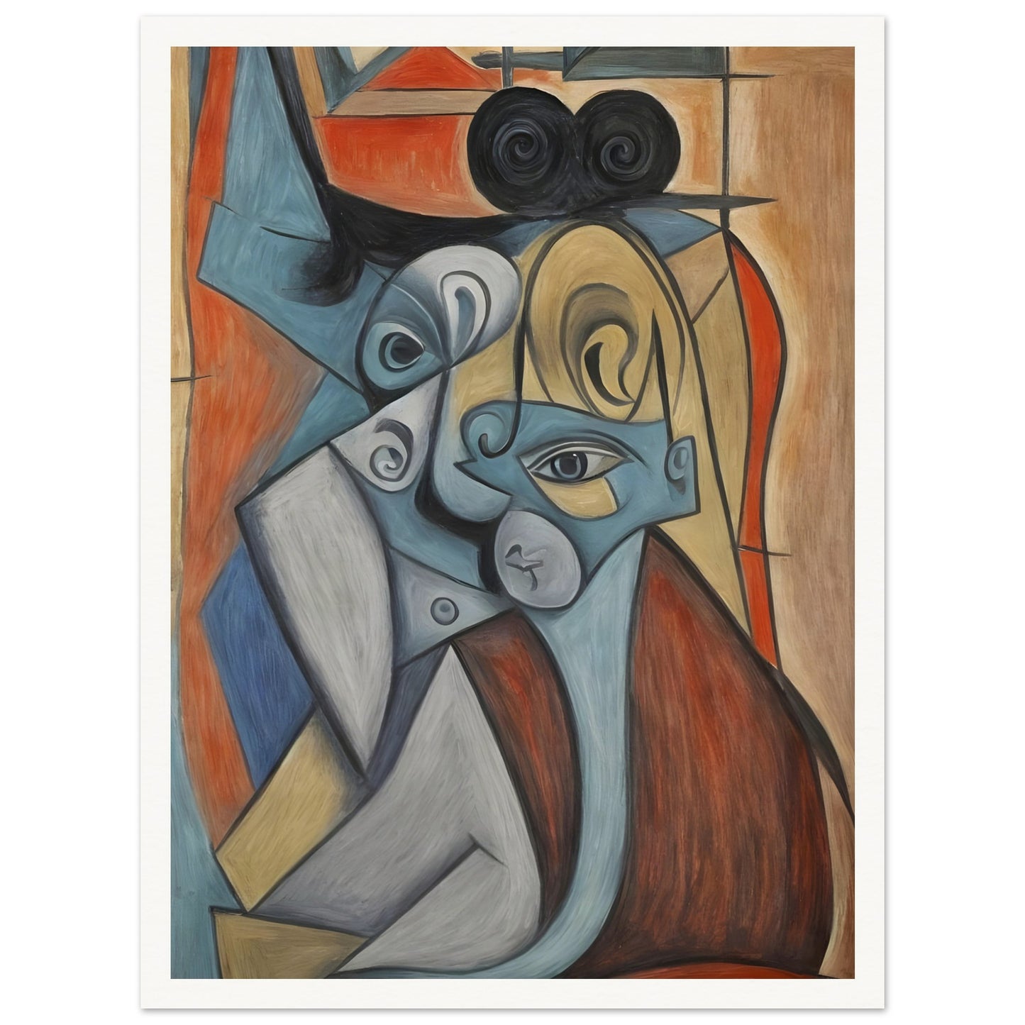 A striking cubist-style portrait featuring overlapping and fragmented facial features in shades of blue, gold, and brown, creating a sense of dynamic distortion.