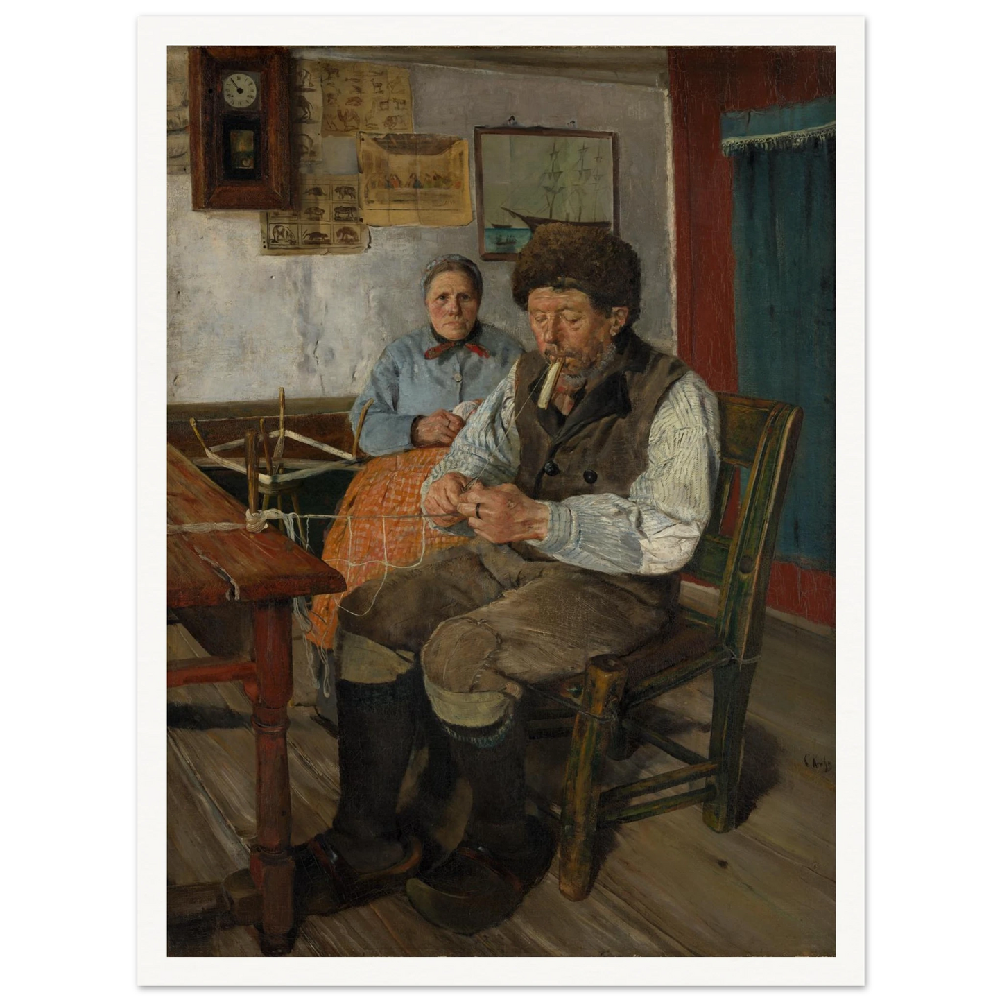 Fisherman mends a net while a woman sits behind him in a modest interior