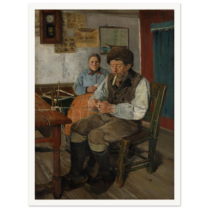 Fisherman mends a net while a woman sits behind him in a modest interior