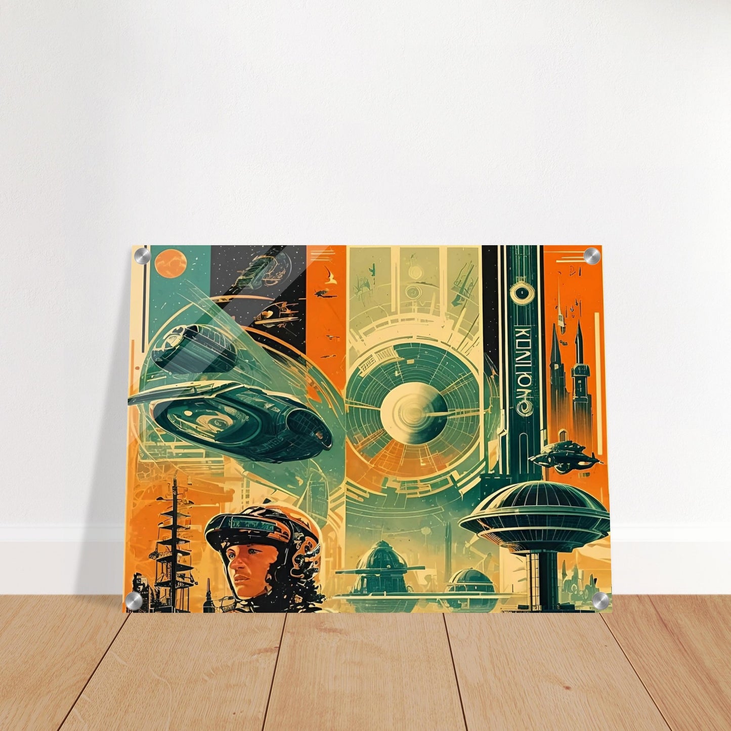 A vibrant, futuristic scene featuring a space traveler amidst advanced spacecraft, towering space structures, and a distant planet's atmosphere in bold shades of orange, teal, and blue.