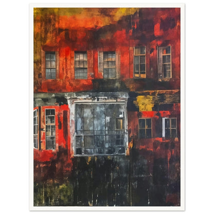 A dramatic painting of a building facade with vivid red, orange, and yellow tones, highlighting the textures and windows.