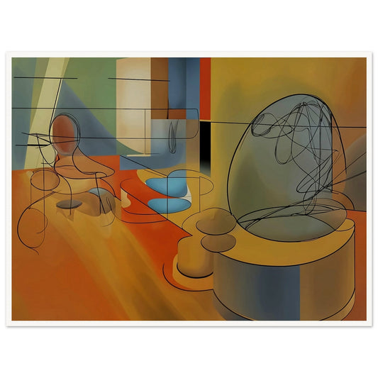 A modern abstract painting featuring an interior space with minimalist furniture in soft hues of blue, orange, and green, overlaid with linear, wireframe-like sketches.