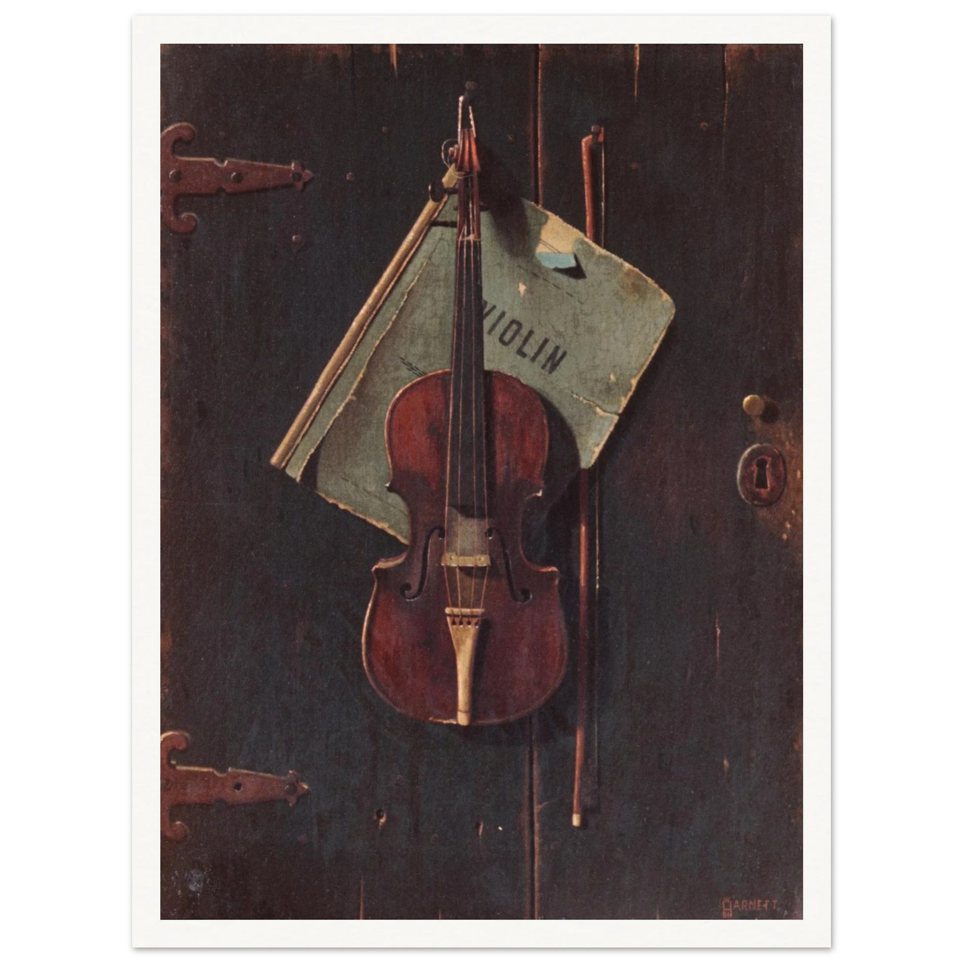 Violin and bow hang against a dark wooden door with a faded paper behind them