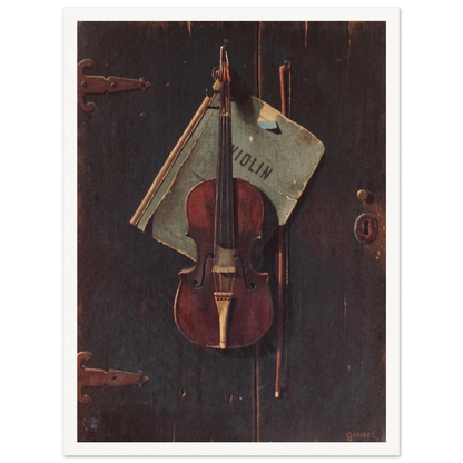Violin and bow hang against a dark wooden door with a faded paper behind them