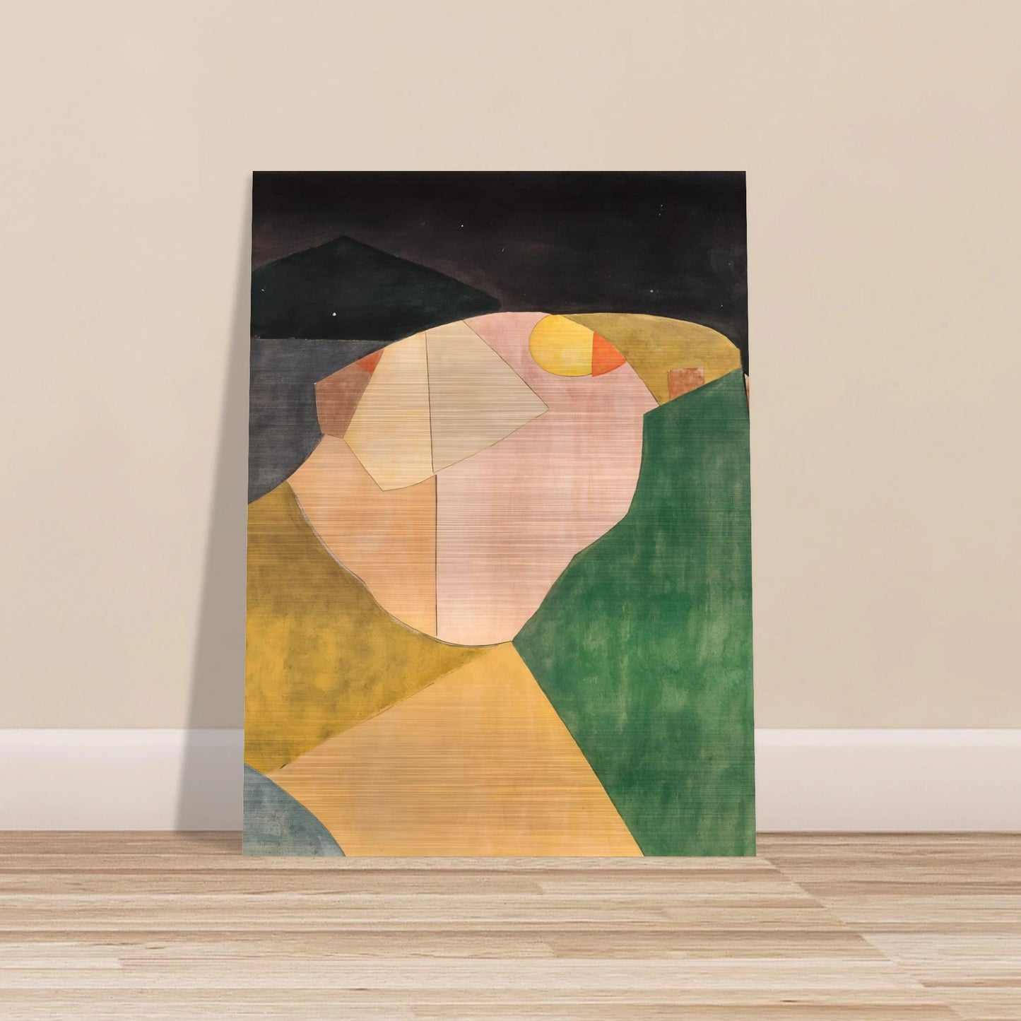 An abstract landscape of overlapping shapes in green, ochre, and pink under a dark night sky with a soft yellow moon.