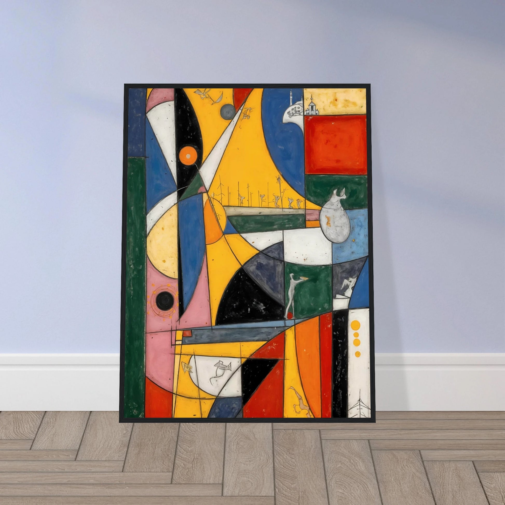 A vibrant cubist-style composition of bold yellow, blue, red, and green forms with playful symbols, layered shapes, and whimsical details.