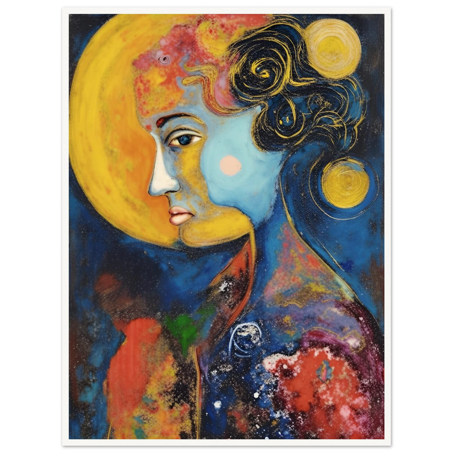 Blue celestial portrait with golden moons, dark curls, and vivid red and yellow cosmic textures.