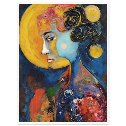Blue celestial portrait with golden moons, dark curls, and vivid red and yellow cosmic textures.