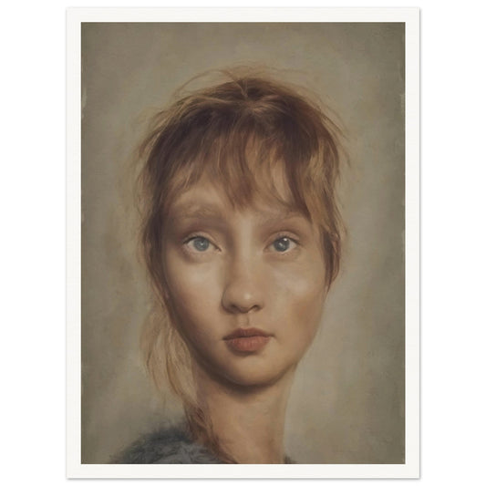 A realistic portrait of a young woman with soft features, pale blue eyes, and light brown hair, gazing forward with a serene expression in muted, natural tones.