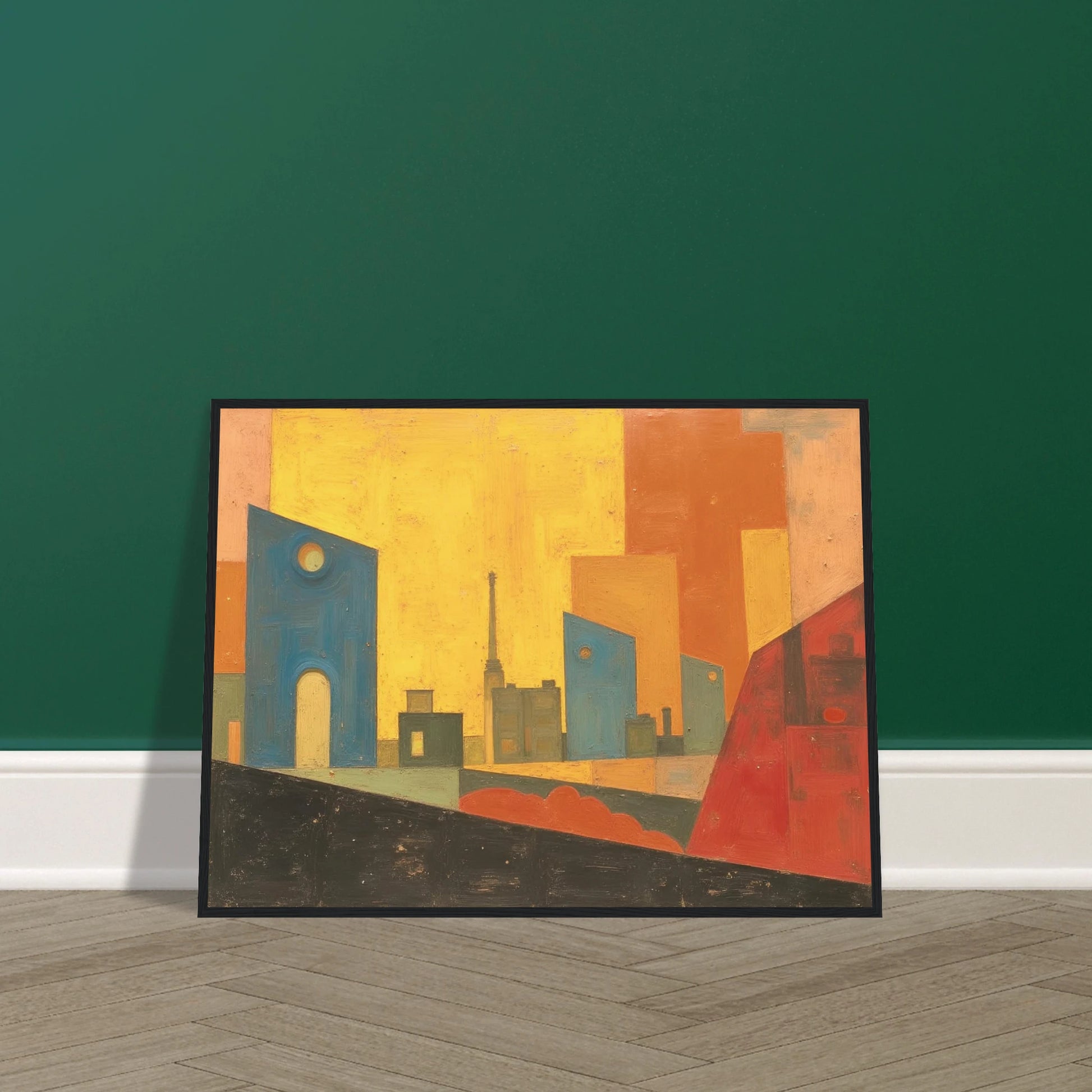 A stylized cityscape with warm yellow and orange tones, blue geometric buildings, and abstract architectural silhouettes.