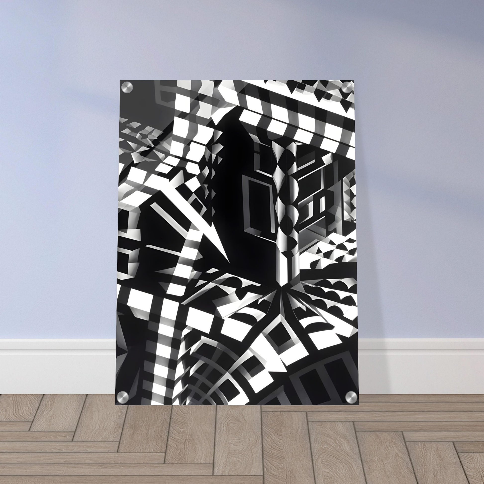 A striking black-and-white geometric composition with sharp angular patterns, distorted perspectives, and abstract architectural elements creating an optical illusion.