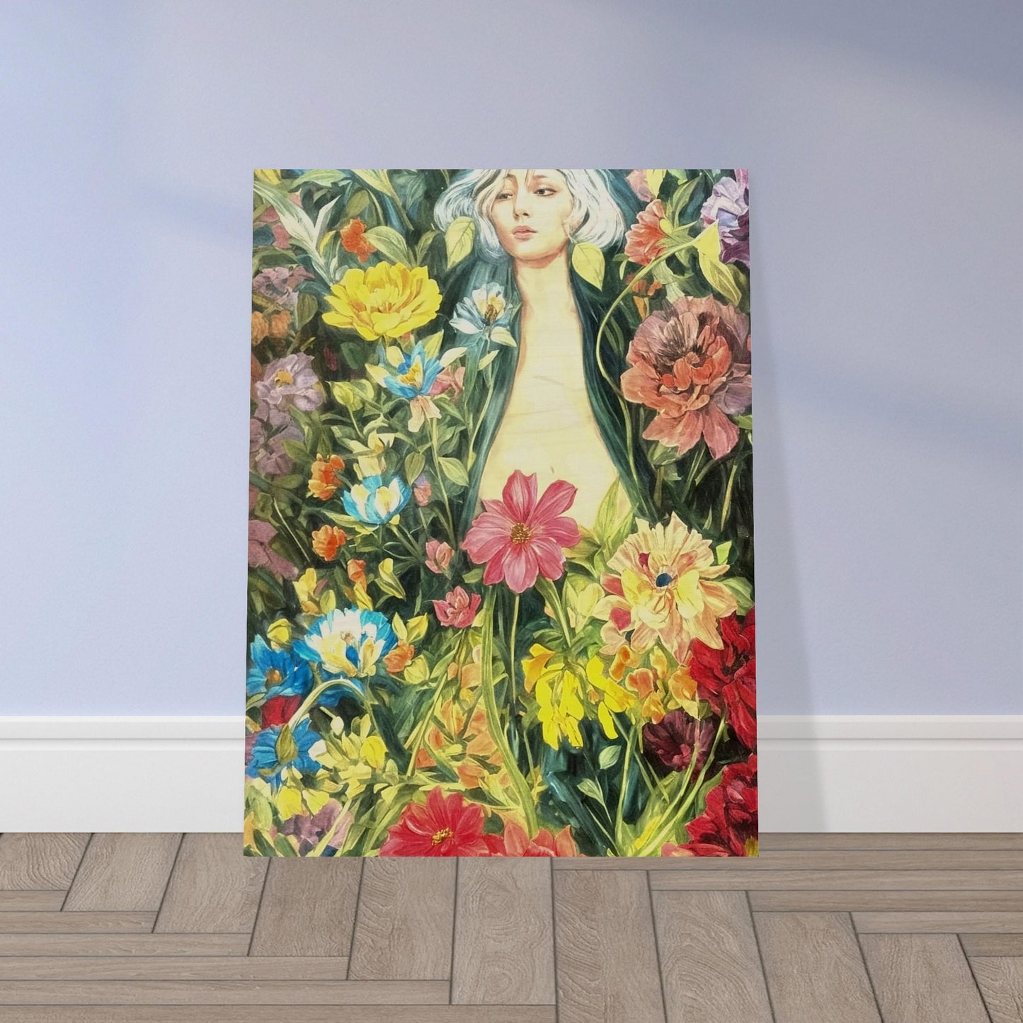 A serene figure surrounded by a lush garden of vibrant, blooming flowers, blending into the foliage with shades of pink, yellow, blue, and green.