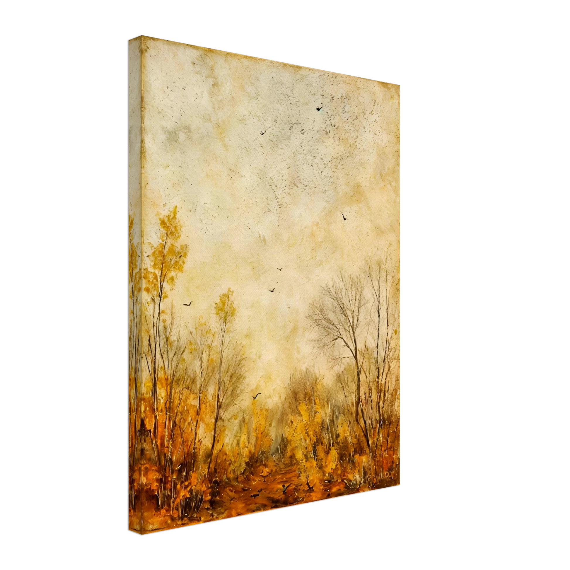 Muted fall forest with golden foliage and bare trees under a textured sky, scattered with birds in quiet flight.