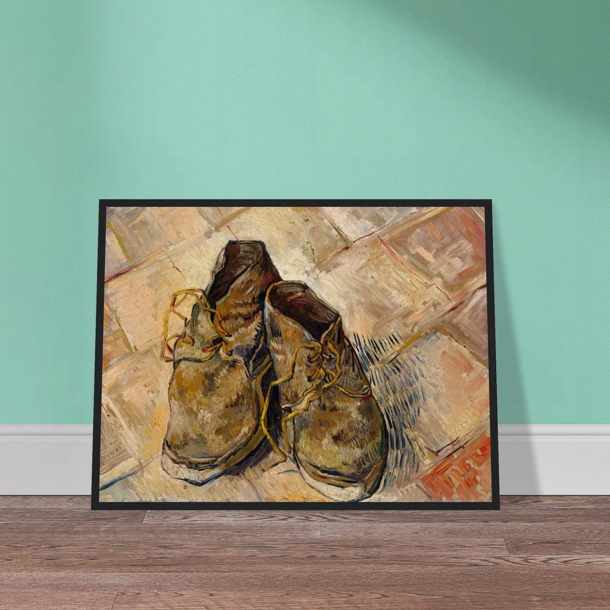 A pair of worn brown shoes with yellow laces rests on a pale tiled floor.