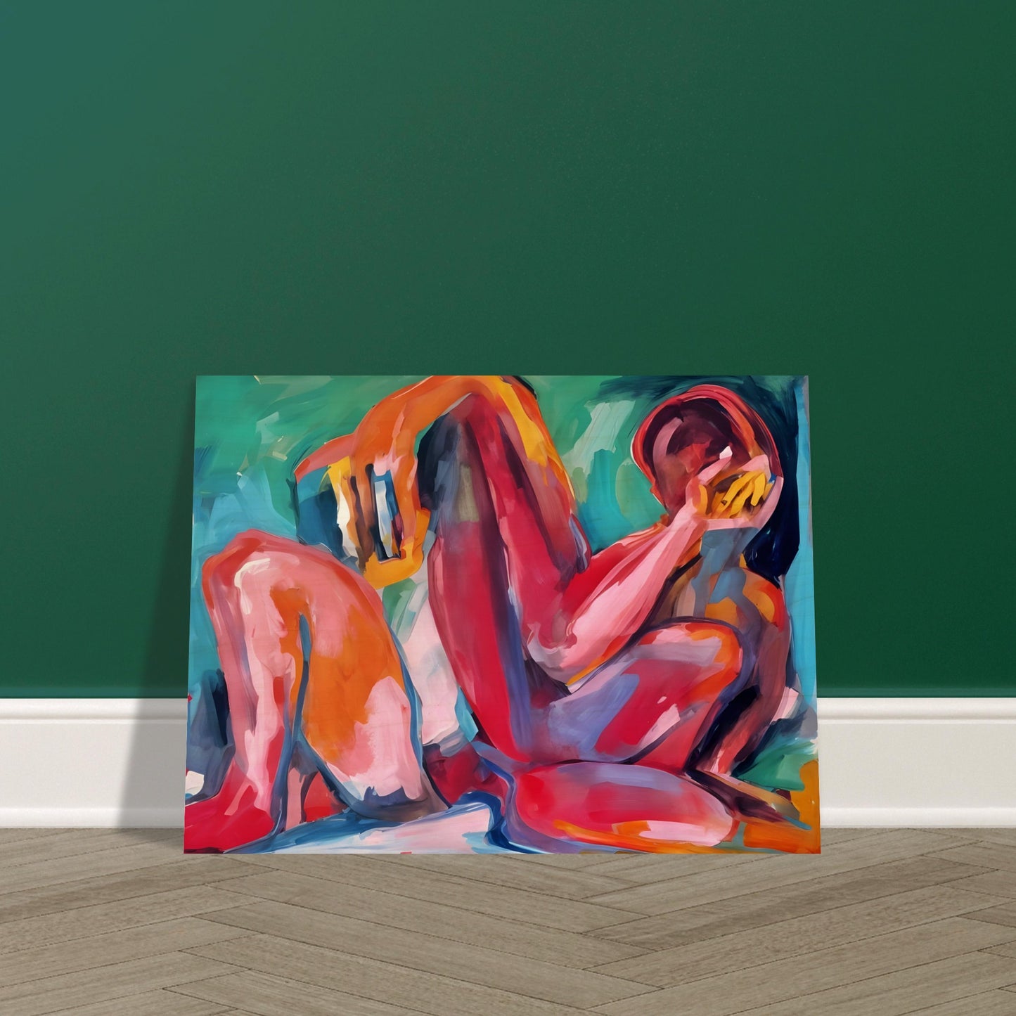 A vibrant abstract painting of a reclining figure, painted with bold strokes of red, pink, orange, and blue, evoking deep emotion.