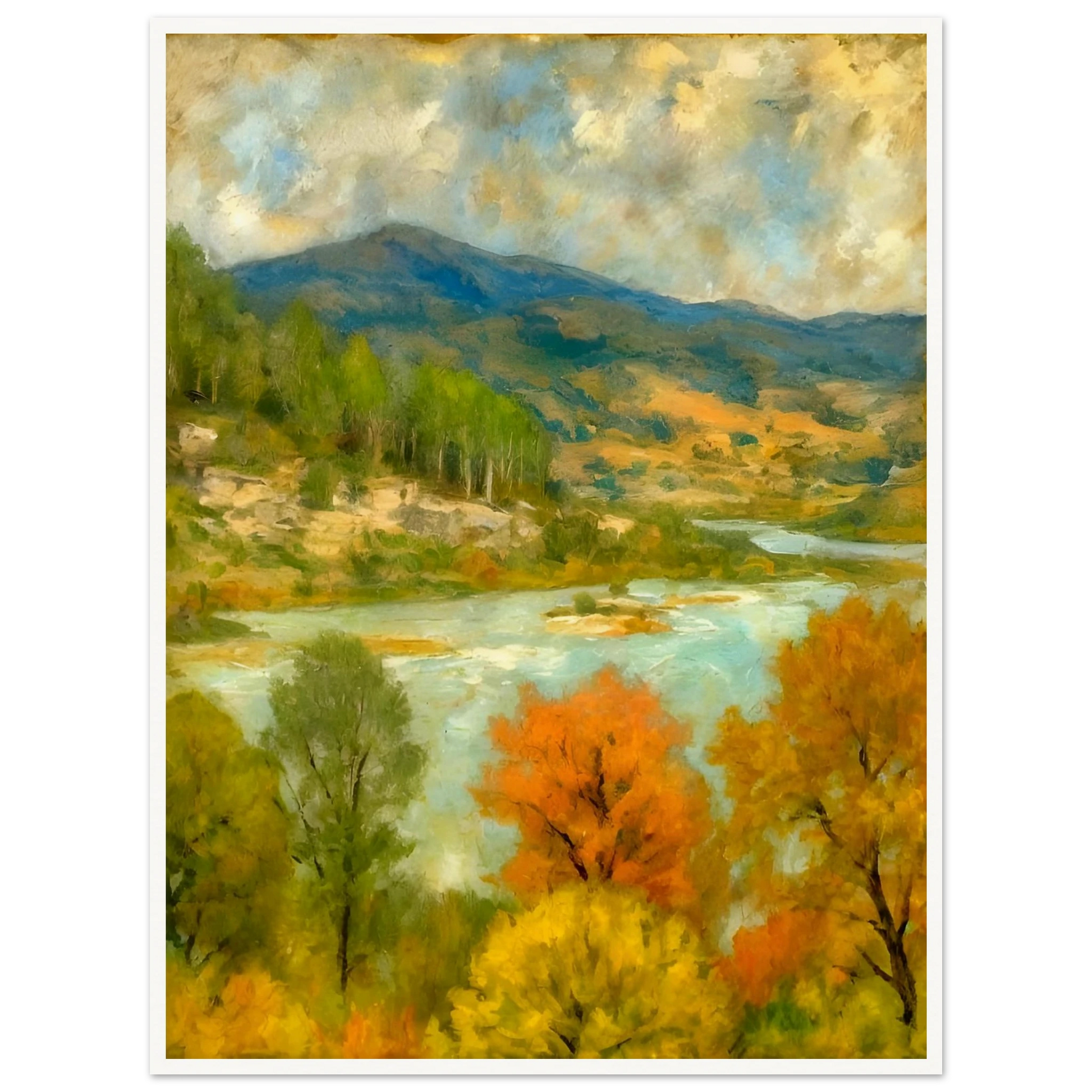 A serene river winds through a lush valley with colorful autumn trees and distant blue-green mountains.