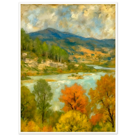 A serene river winds through a lush valley with colorful autumn trees and distant blue-green mountains.
