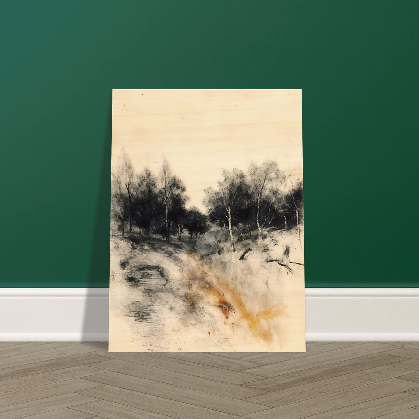 Muted woodland path with dark trees, soft sky, and warm ochre grasses in a quiet portrait scene.