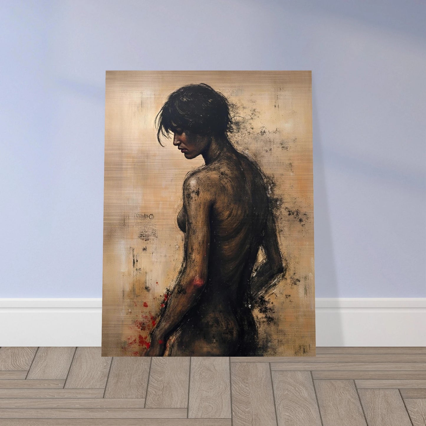 A somber portrait of a woman’s back in earthy tones, her figure turned in quiet reflection against a textured background.