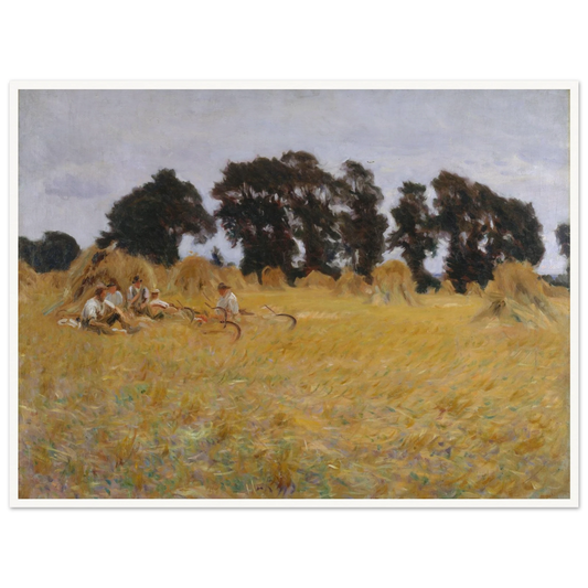 Reapers rest among golden wheat and haystacks beneath a pale sky