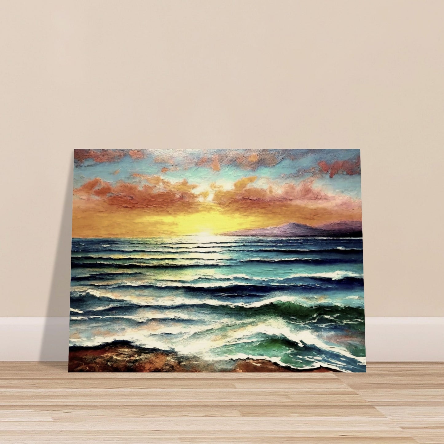 A serene view of ocean waves at sunset with a golden sky, vibrant clouds, and mountains in the distance.