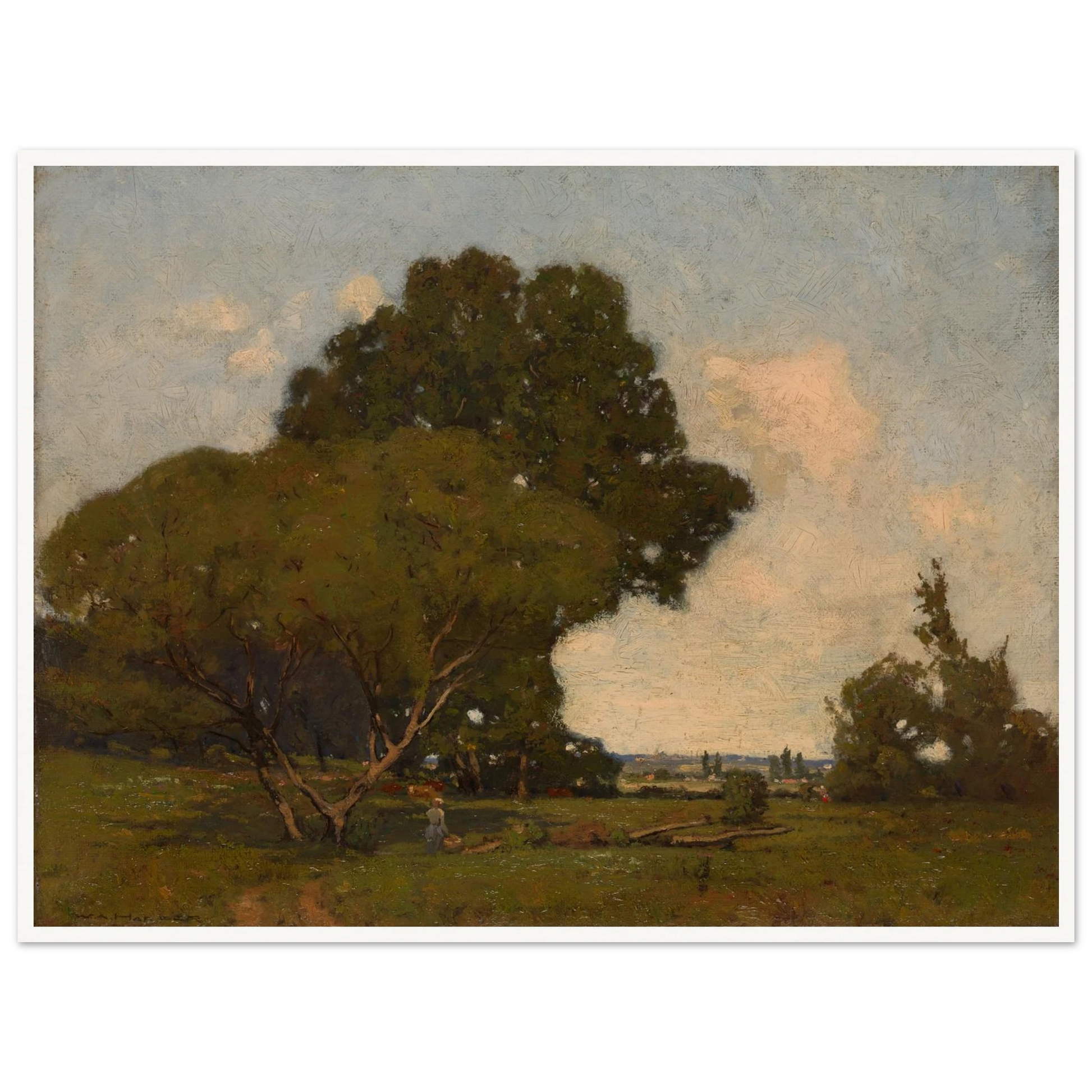 A woman walks through a green meadow beneath broad trees, with a winding path and soft clouds in the distance.