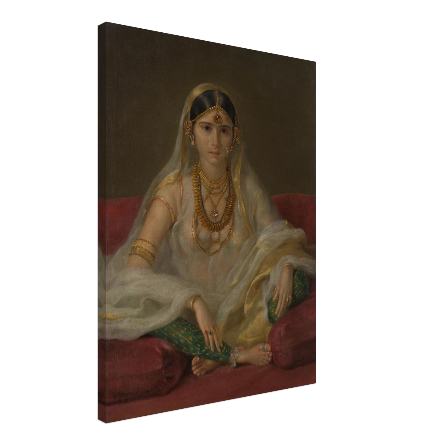 A Mughal woman in a sheer white veil and gold jewelry sits cross-legged on deep red cushions.