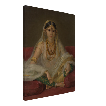 A Mughal woman in a sheer white veil and gold jewelry sits cross-legged on deep red cushions.