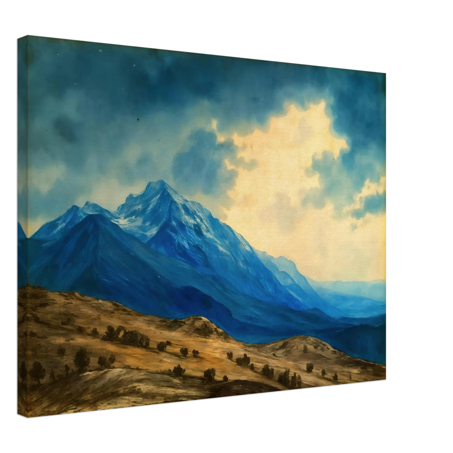 Majestic blue mountain peaks rise above golden rolling plains beneath luminous clouds, blending grandeur, distance, and tranquil wilderness.