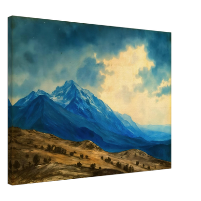 Majestic blue mountain peaks rise above golden rolling plains beneath luminous clouds, blending grandeur, distance, and tranquil wilderness.