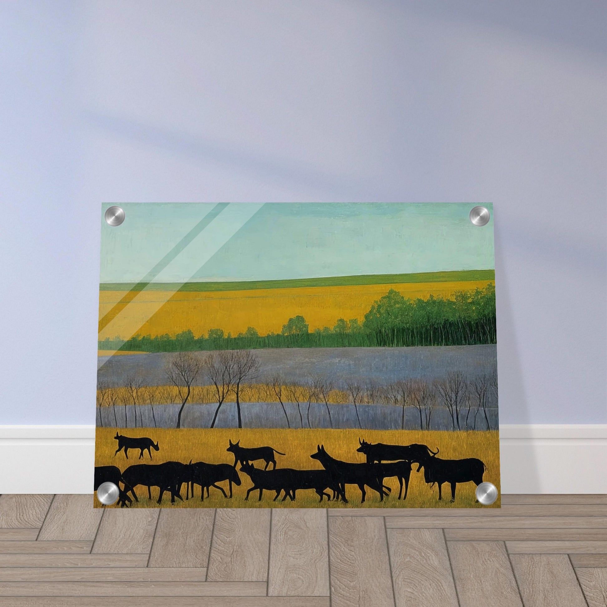 A peaceful scene of black cattle walking across golden fields, with green trees and a clear blue sky in the distance.