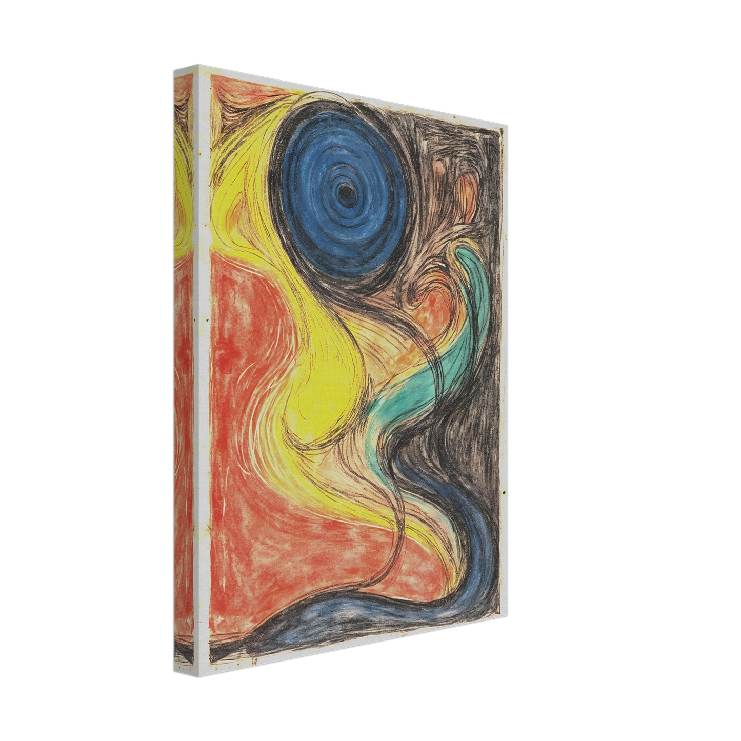 Flowing abstract lines weave through fiery red, luminous yellow, deep blue, and shadowed black, evoking cosmic movement and elemental energy.
